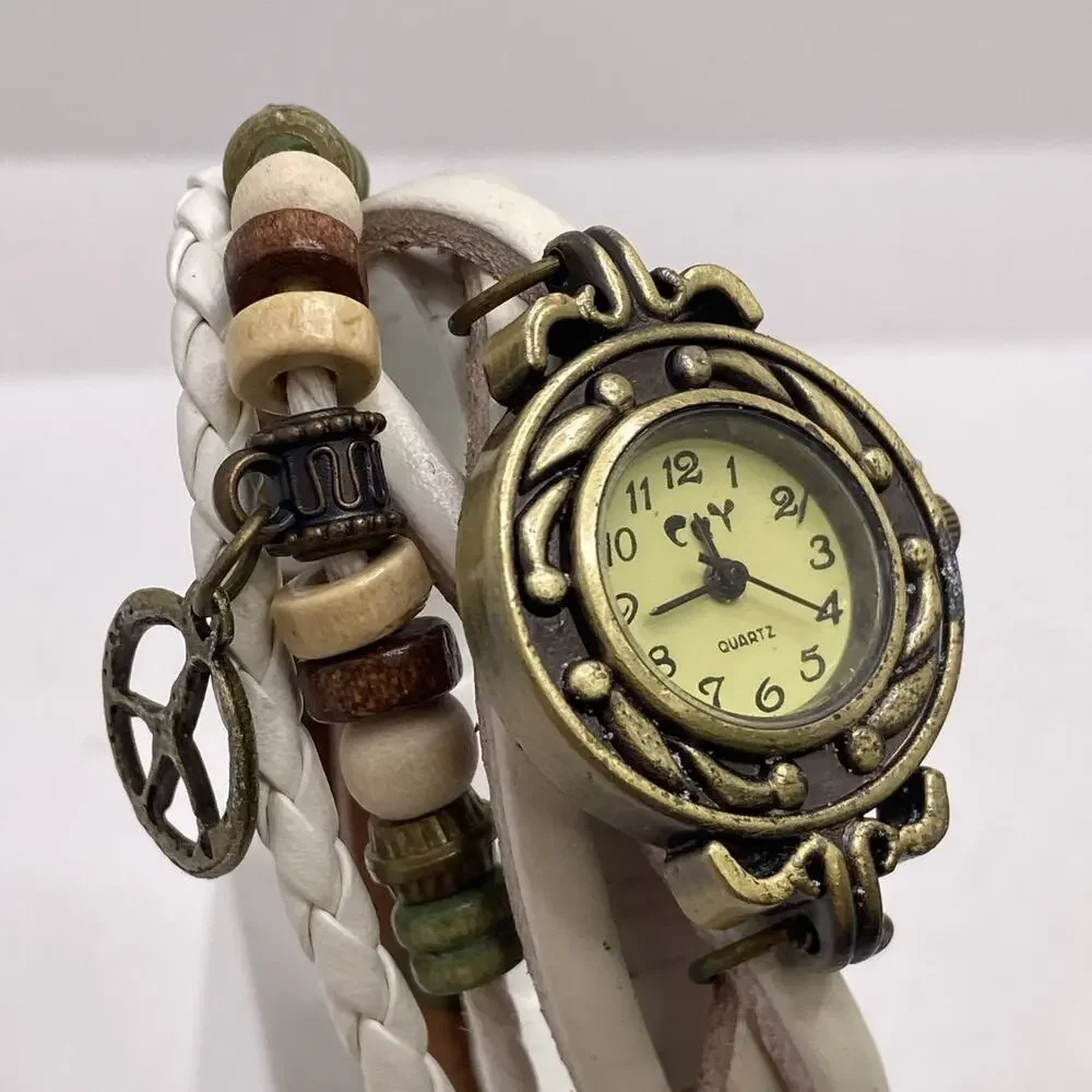 Womens White Leather Beaded Brass Watch New Battery